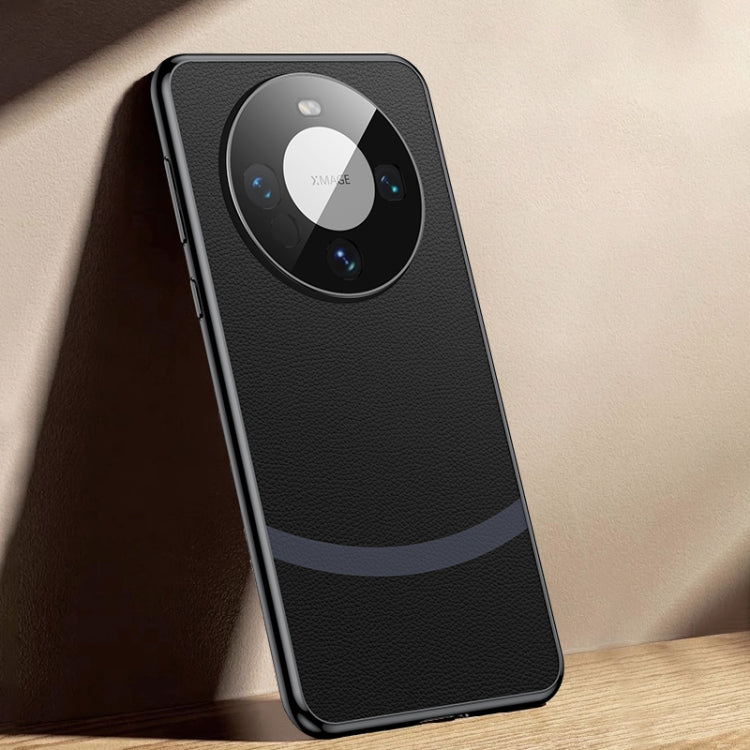 Black electroplated edge leather phone case for Huawei Mate 60 Pro+, showcasing its sleek design and premium materials.