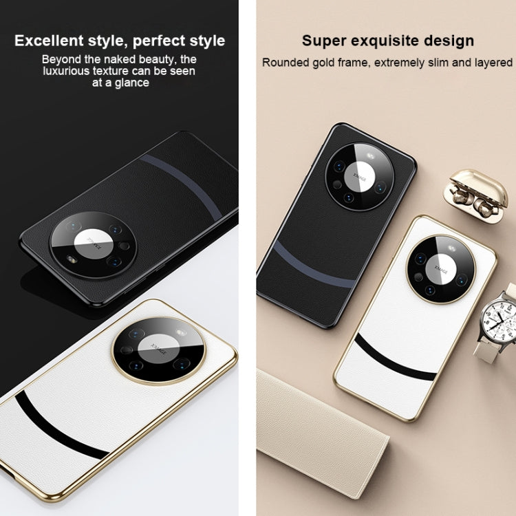 Black electroplated edge leather phone case for Huawei Mate 60 Pro+, showcasing its sleek design and premium materials.