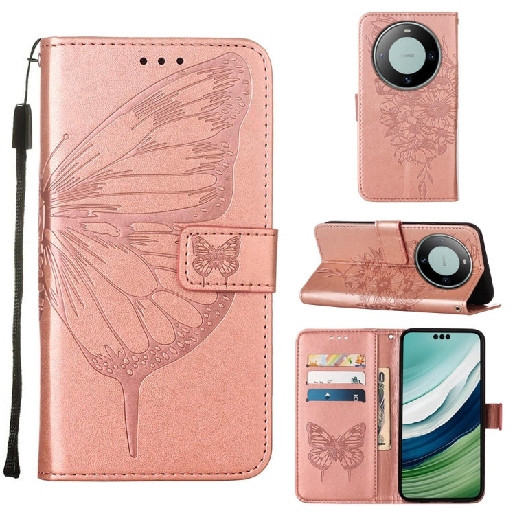 Rose-colored embossed butterfly leather phone case for Huawei Mate 60 Pro, showcasing its stylish design and practical features.