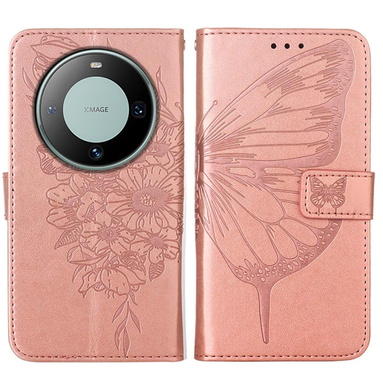 Rose-colored embossed butterfly leather phone case for Huawei Mate 60 Pro, showcasing its stylish design and practical features.