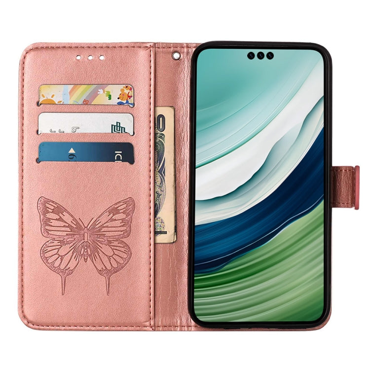 Rose-colored embossed butterfly leather phone case for Huawei Mate 60 Pro, showcasing its stylish design and practical features.