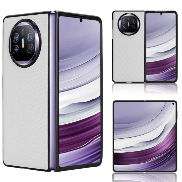 White PU leather and PC phone case for Huawei Mate X5, showcasing its sleek design and precise cutouts for buttons and ports.