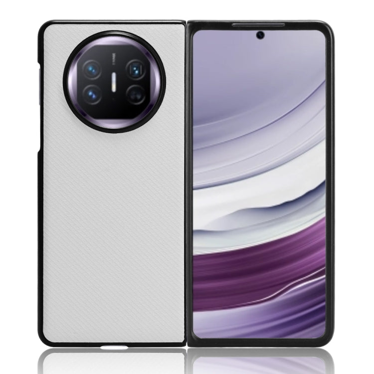 White PU leather and PC phone case for Huawei Mate X5, showcasing its sleek design and precise cutouts for buttons and ports.