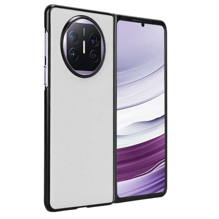 White PU leather and PC phone case for Huawei Mate X5, showcasing its sleek design and precise cutouts for buttons and ports.