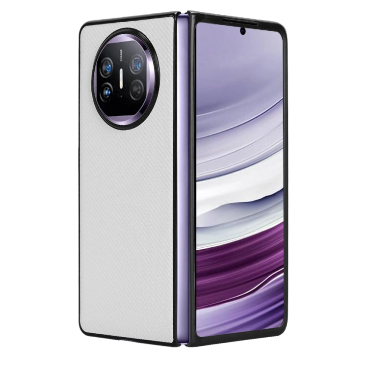 White PU leather and PC phone case for Huawei Mate X5, showcasing its sleek design and precise cutouts for buttons and ports.