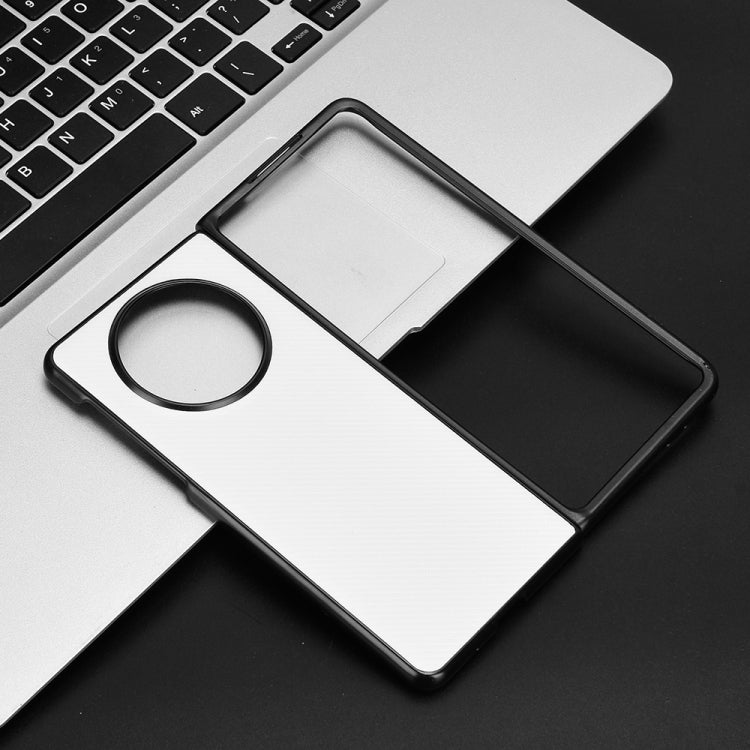 White PU leather and PC phone case for Huawei Mate X5, showcasing its sleek design and precise cutouts for buttons and ports.