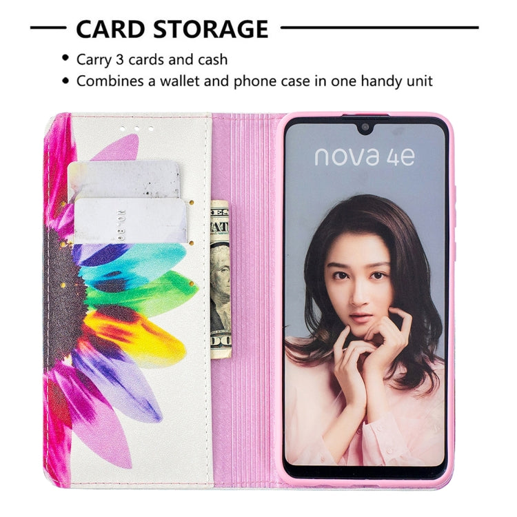 For Huawei P30 Lite case featuring a colorful drawing pattern and magnetic closure, made from PU leather and TPU material.