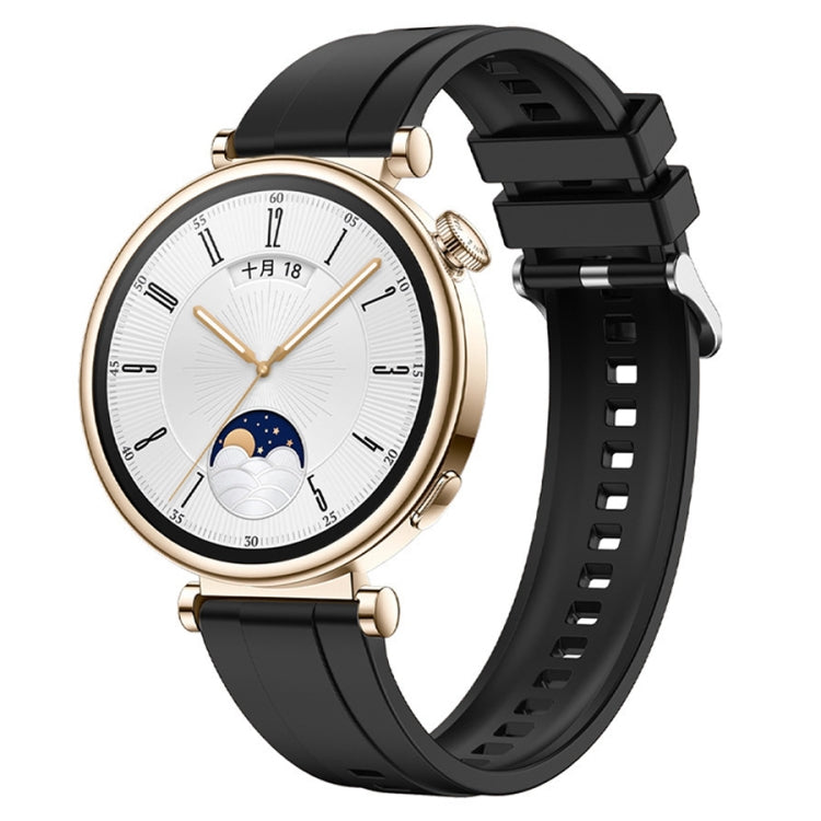Tire pattern silicone watch strap for Huawei Watch GT4 41mm with silver buckle, showcasing its design and material.