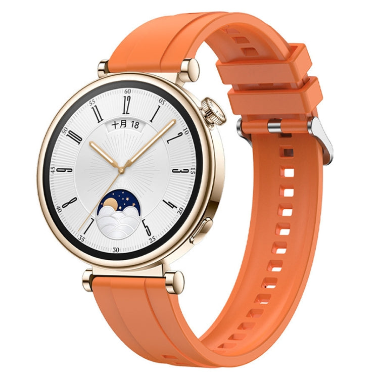 Tire pattern silicone watch strap for Huawei Watch GT4 41mm with silver buckle, showcasing its stylish design and comfort.