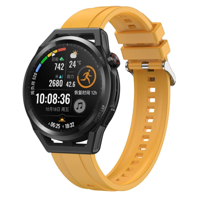 Silicone strap for Huawei Watch 3 Pro and GT Runner featuring a tire pattern and silver buckle, showcasing its design and material.