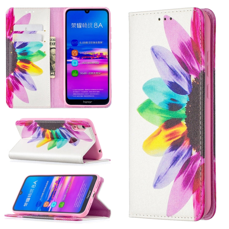 Colored drawing pattern case for Huawei Y6 (2019) with magnetic closure and card slots, showcasing stylish design and durable materials.