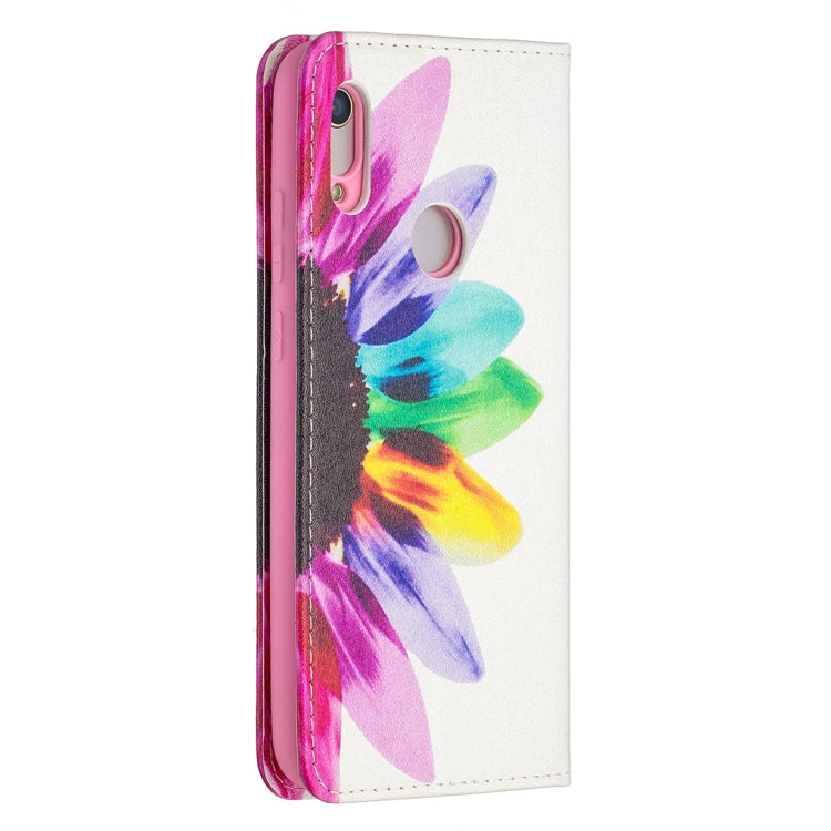 Colored drawing pattern case for Huawei Y6 (2019) with magnetic closure and card slots, showcasing stylish design and durable materials.