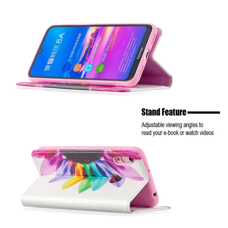 Colored drawing pattern case for Huawei Y6 (2019) with magnetic closure and card slots, showcasing stylish design and durable materials.