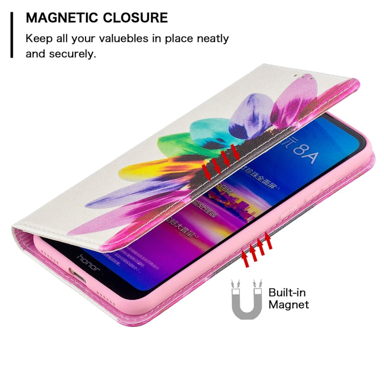 Colored drawing pattern case for Huawei Y6 (2019) with magnetic closure and card slots, showcasing stylish design and durable materials.