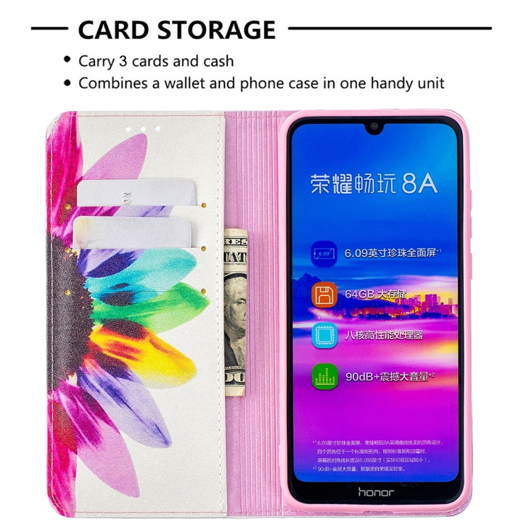 Colored drawing pattern case for Huawei Y6 (2019) with magnetic closure and card slots, showcasing stylish design and durable materials.