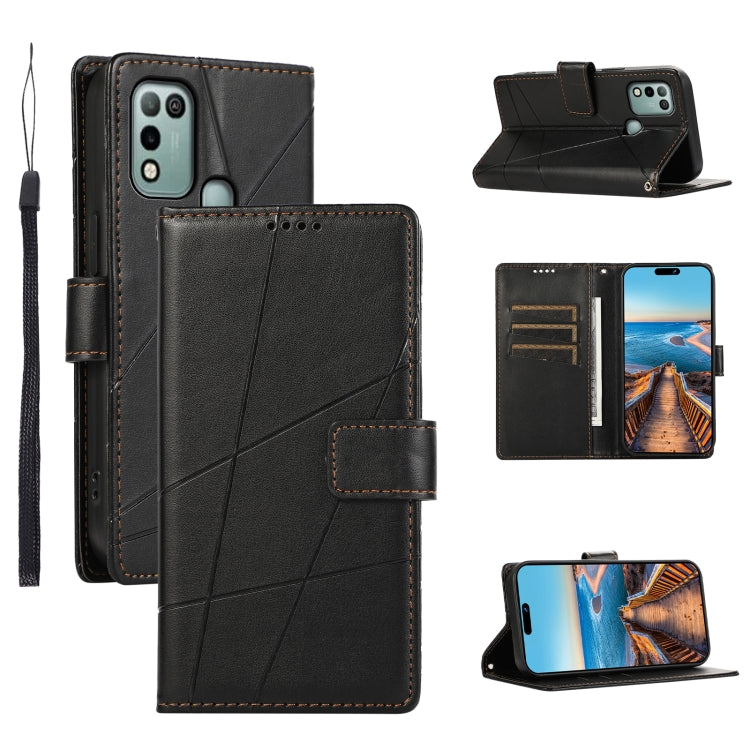 For Infinix Hot 11 Play PU leather phone case with embossed texture, featuring card slots and a wrist strap.