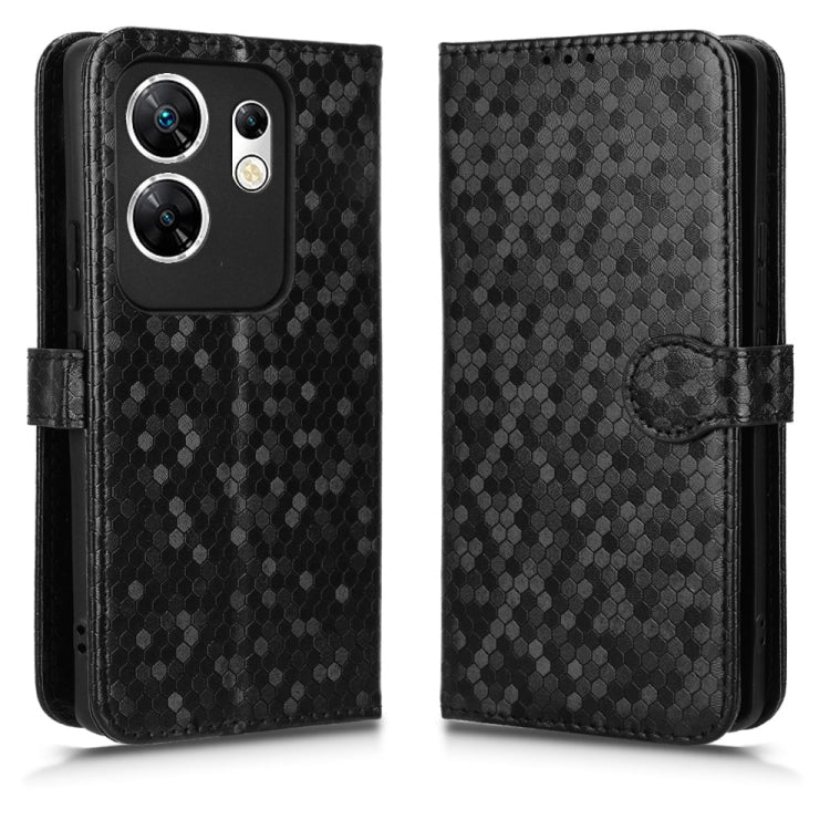 Black honeycomb dot texture leather phone case for Infinix Zero 30 4G, showcasing its stylish design and functional features.