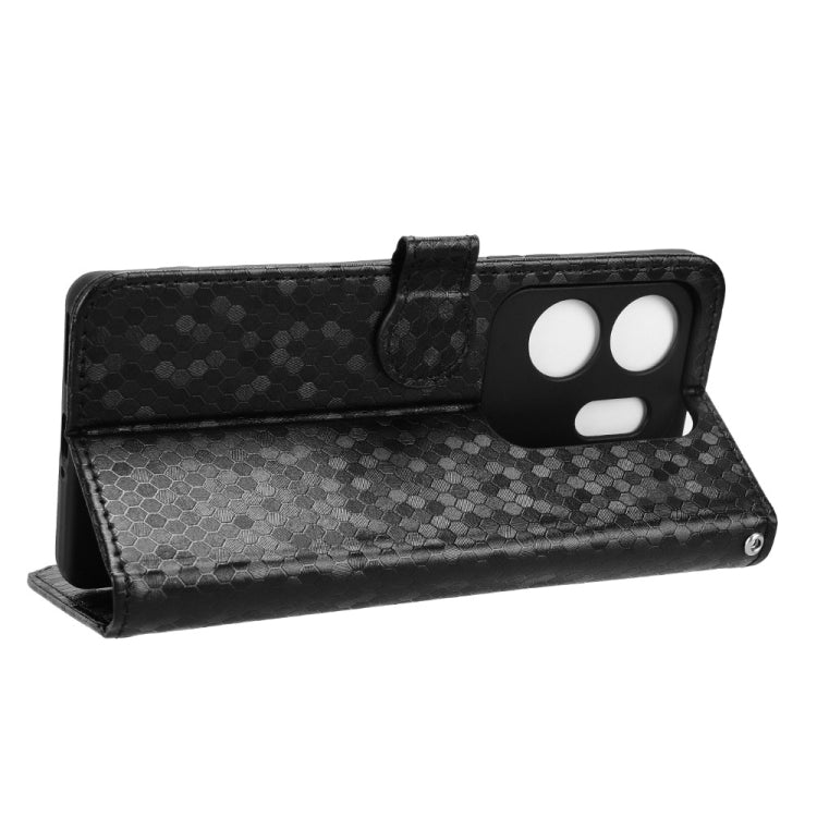 Black honeycomb dot texture leather phone case for Infinix Zero 30 4G, showcasing its stylish design and functional features.