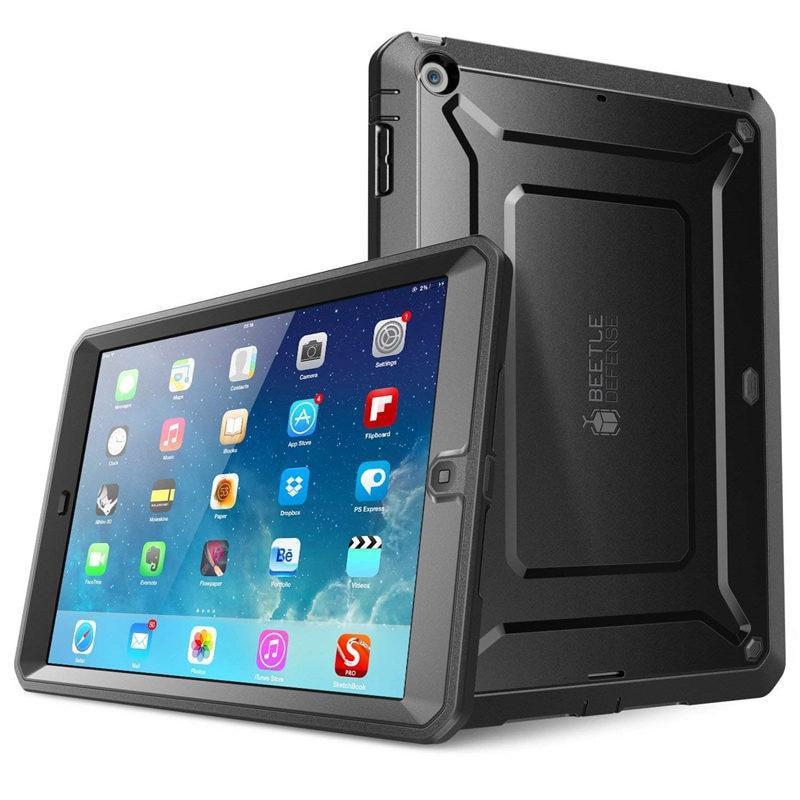 For iPad Air UB Pro rugged case in black, showcasing dual-layer protection and built-in screen protector.