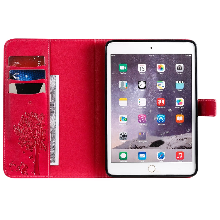 Pressed Printing Cat and Tree Case for iPad Mini, showcasing a stylish design with a cat and tree print, made from durable PU leather and TPU material.