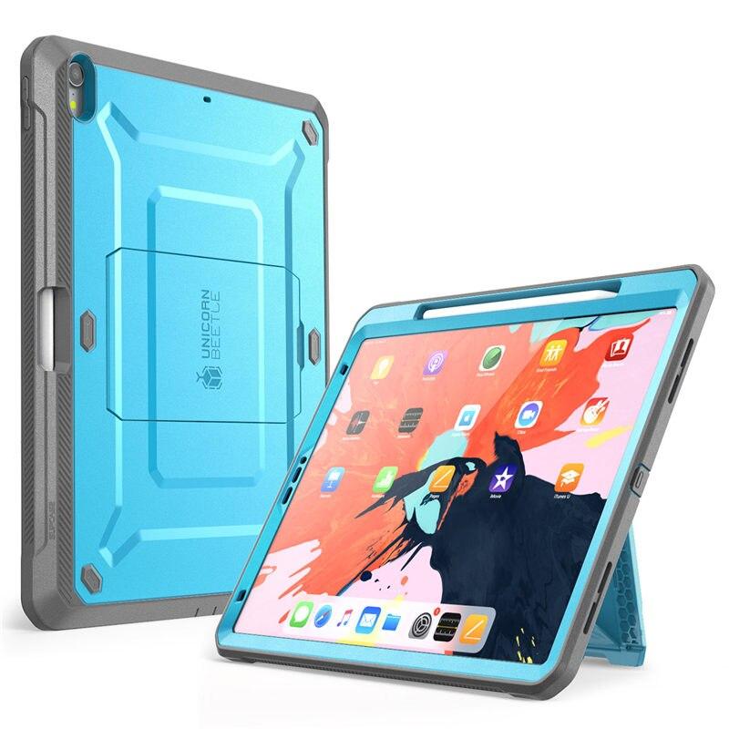 UB PRO Full-body Case for iPad Pro 12.9 (2018) with built-in screen protector and kickstand, available in black and blue.
