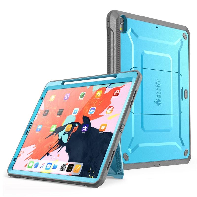 UB PRO Full-body Case for iPad Pro 12.9 (2018) with built-in screen protector and kickstand, available in black and blue.