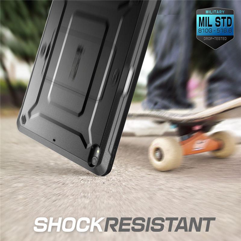 UB PRO Full-body Case for iPad Pro 12.9 (2018) with built-in screen protector and kickstand, available in black and blue.