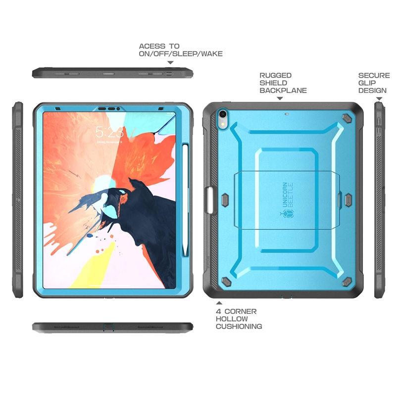 UB PRO Full-body Case for iPad Pro 12.9 (2018) with built-in screen protector and kickstand, available in black and blue.