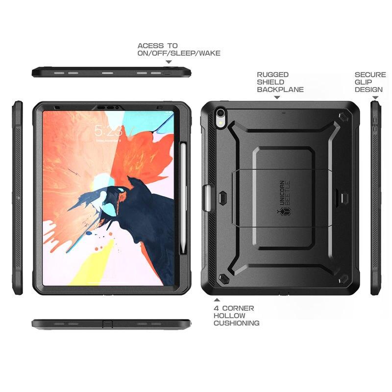 UB PRO Full-body Case for iPad Pro 12.9 (2018) with built-in screen protector and kickstand, available in black and blue.