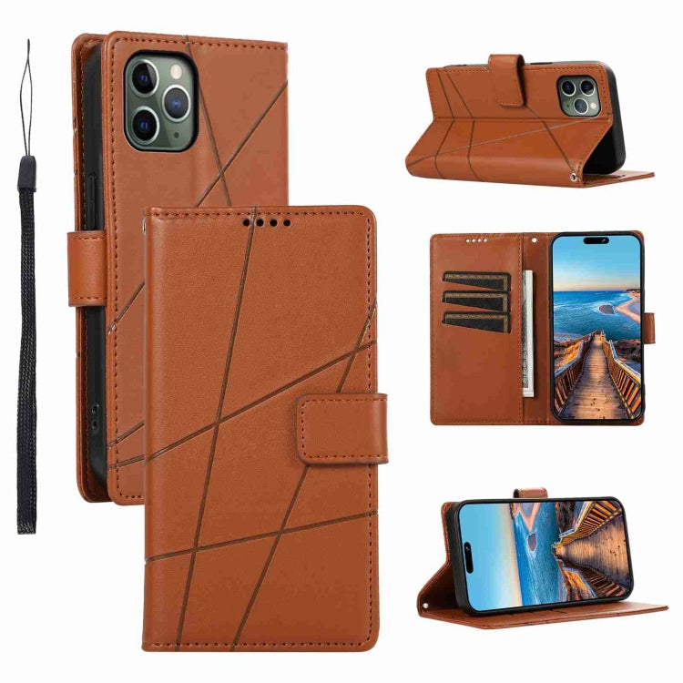 For iPhone 11 Pro Max PU leather case with embossed texture, featuring card slots and a wrist strap.
