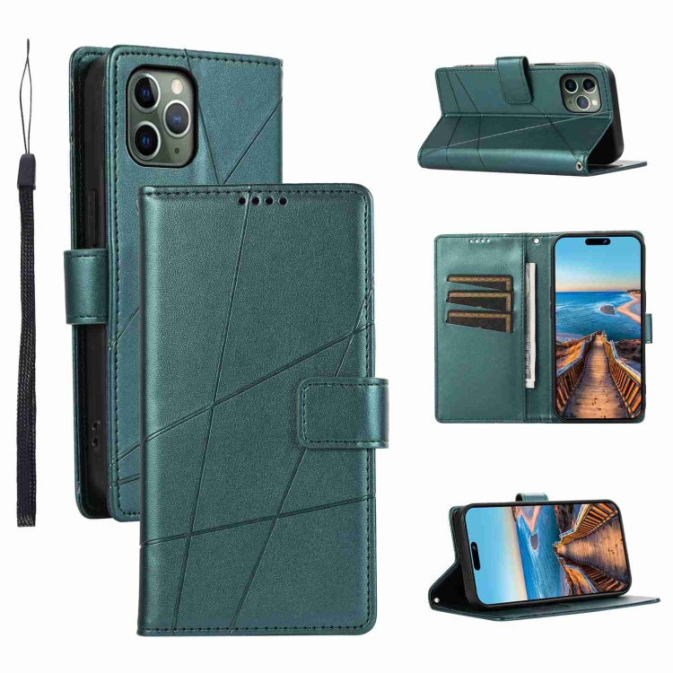 For iPhone 11 Pro PU leather case with embossed texture, featuring card slots and a wrist strap.