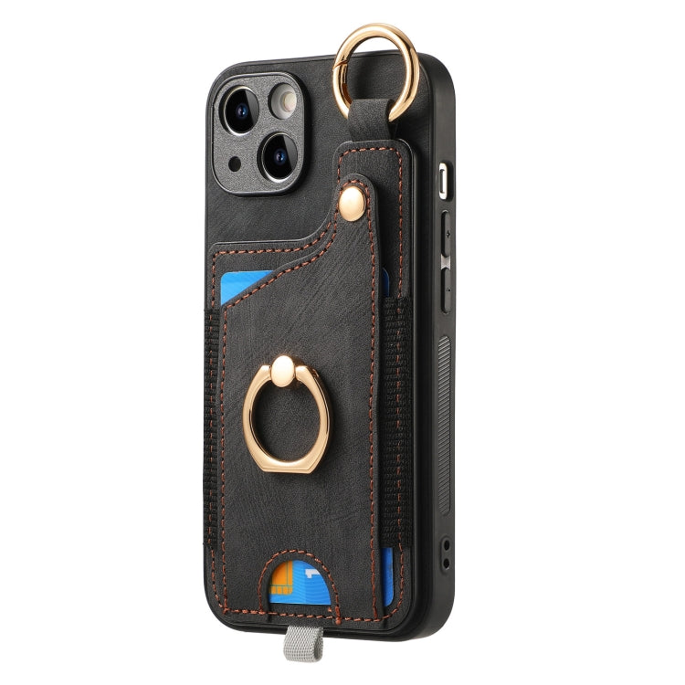 For iPhone 11 Pro Retro Skin-feel Ring Card Bag Phone Case showcasing its durable TPU+PU material and 360-degree rotating ring stand.