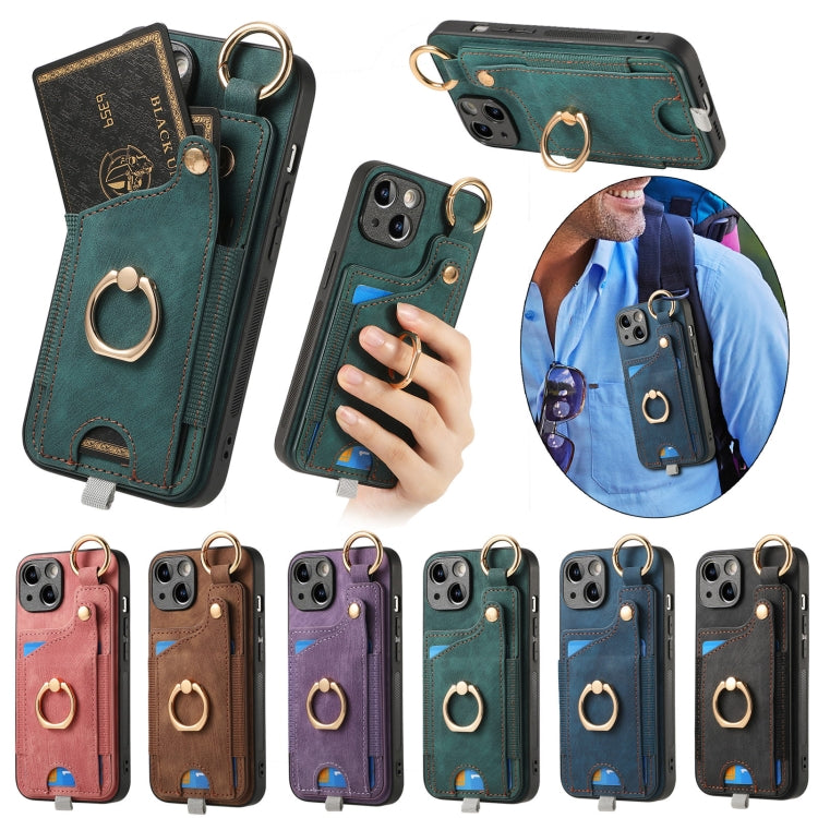 For iPhone 11 Pro Retro Skin-feel Ring Card Bag Phone Case showcasing its durable TPU+PU material and 360-degree rotating ring stand.