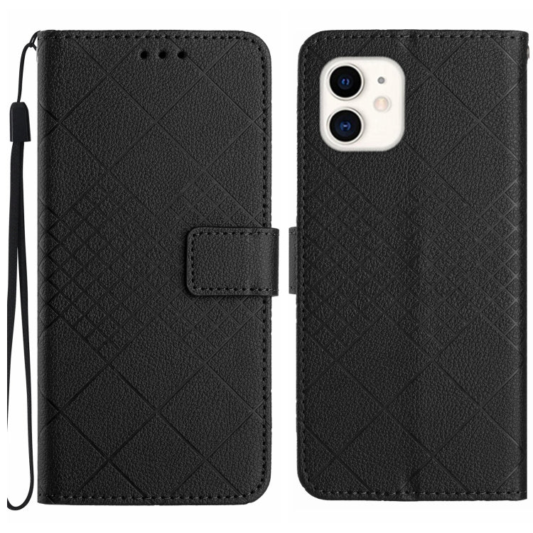 Black rhombic grid texture leather phone case for iPhone 11, showcasing its stylish design and functional features.