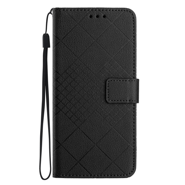 Black rhombic grid texture leather phone case for iPhone 11, showcasing its stylish design and functional features.