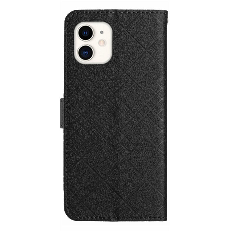 Black rhombic grid texture leather phone case for iPhone 11, showcasing its stylish design and functional features.