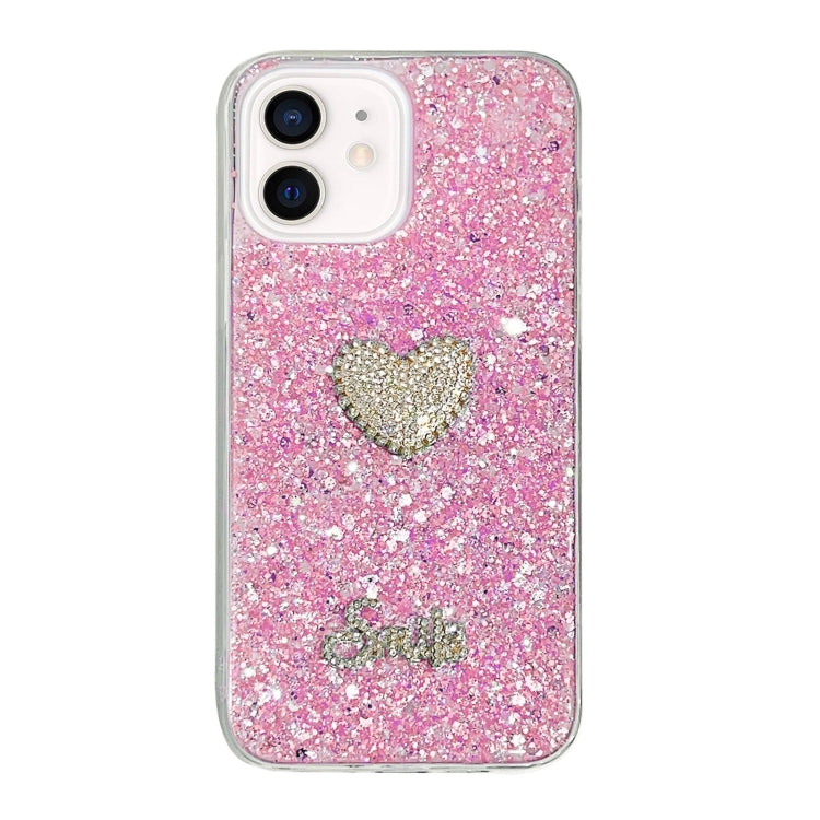 Pink iPhone 11 case featuring a diamond heart design with starry sequins, made from durable epoxy TPU material.