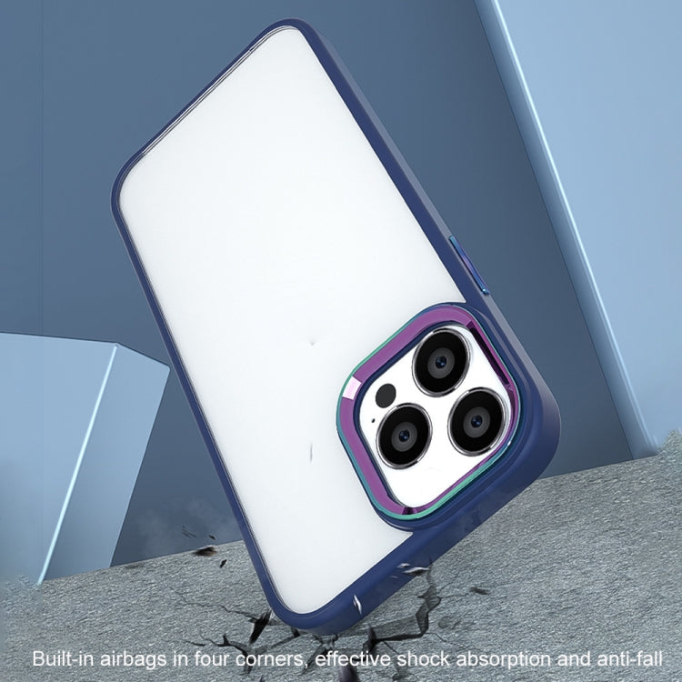 Purple metal lens ring phone case for iPhone 12 Pro Max, showcasing its elegant design and durable materials.