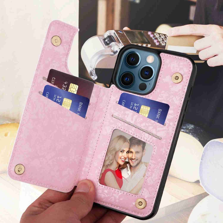 For iPhone 12 Pro Max Printed Double Buckle RFID Anti-theft Phone Case showcasing a stylish design with card slots and a secure buckle.