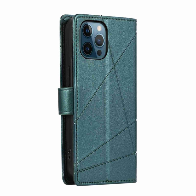 For iPhone 12 Pro Max PU leather case with embossed line design, featuring card slots and wrist strap.