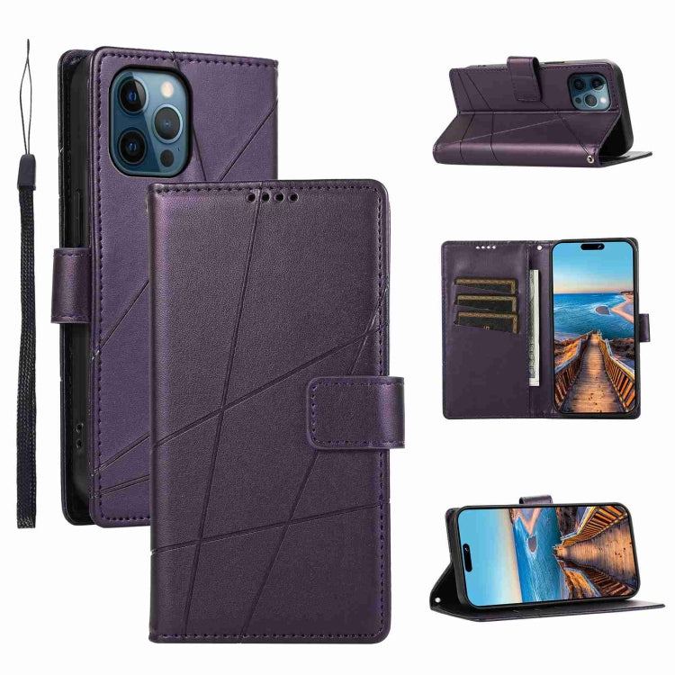 For iPhone 12 Pro Max PU leather case with embossed texture, featuring card slots and a wrist strap.