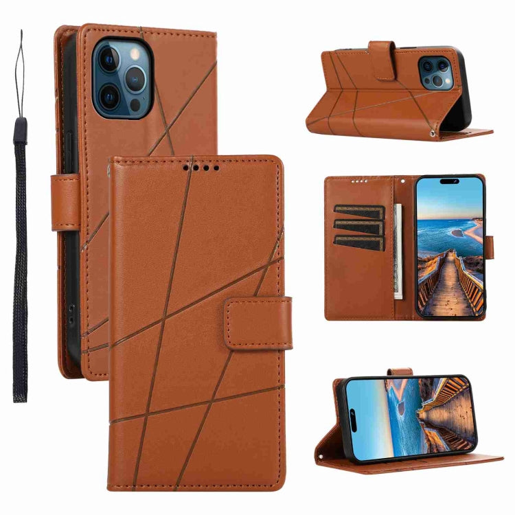 For iPhone 12 Pro PU Genuine Leather Texture Embossed Line Phone Case with card slots and wrist strap, showcasing its stylish design and functionality.