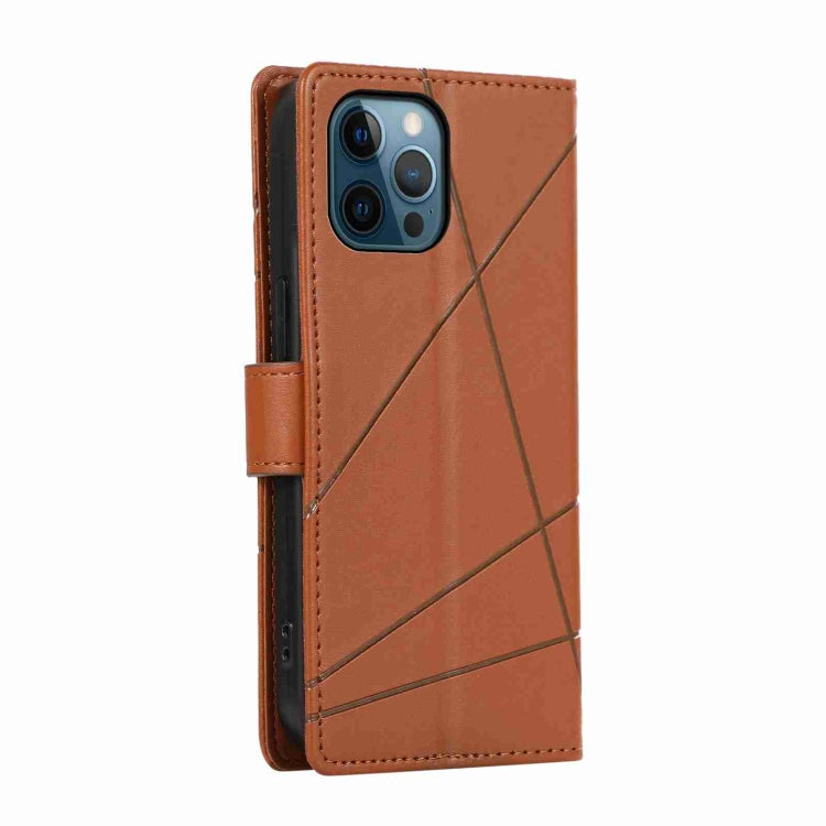For iPhone 12 Pro PU Genuine Leather Texture Embossed Line Phone Case with card slots and wrist strap, showcasing its stylish design and functionality.