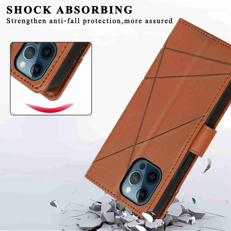 For iPhone 12 Pro PU Genuine Leather Texture Embossed Line Phone Case with card slots and wrist strap, showcasing its stylish design and functionality.