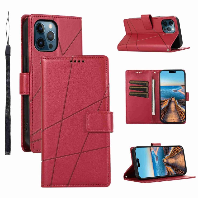 For iPhone 12 Pro PU leather case with embossed texture, featuring card slots and a wrist strap.