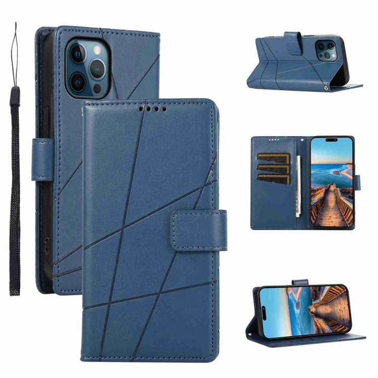 For iPhone 12 Pro PU leather case with embossed texture, featuring card slots and a wrist strap.