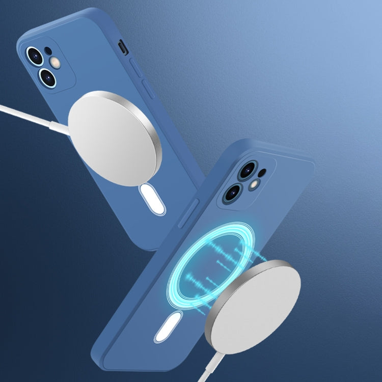 Blue silicone case for iPhone 12 Pro, featuring full coverage and MagSafe compatibility, showcasing its sleek design and protective features.