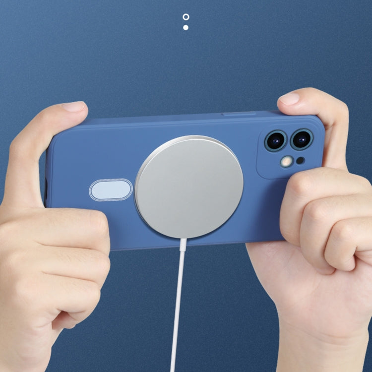 Blue silicone case for iPhone 12 Pro, featuring full coverage and MagSafe compatibility, showcasing its sleek design and protective features.