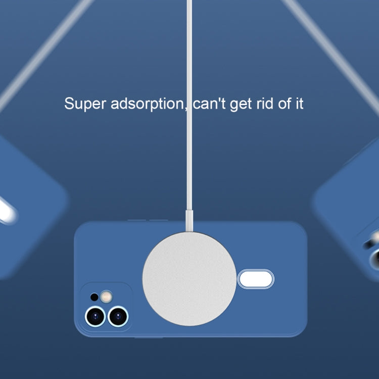 Blue silicone case for iPhone 12 Pro, featuring full coverage and MagSafe compatibility, showcasing its sleek design and protective features.