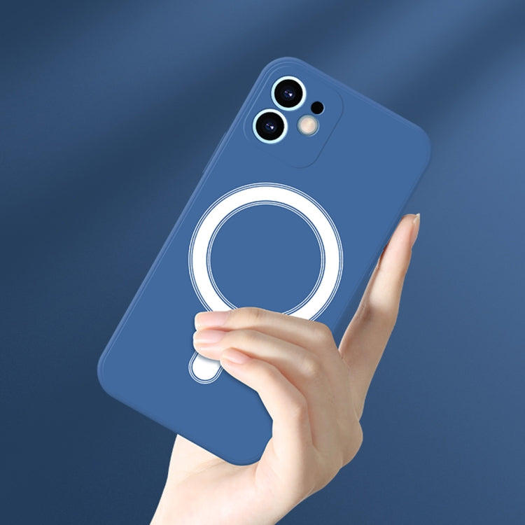 Blue silicone case for iPhone 12 Pro, featuring full coverage and MagSafe compatibility, showcasing its sleek design and protective features.